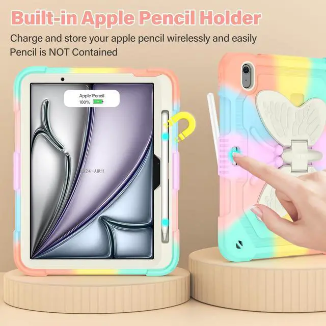 Alt view image 4 of 5 - Paorixln for iPad Air 11 Inch Case 2024 (M2) for Kids Girl with Pencil Slot, for iPad Air 6th Generation Cover with Butterfly Stand Stylus Pencil Shoulder Strap Shockproof Full Body Protective