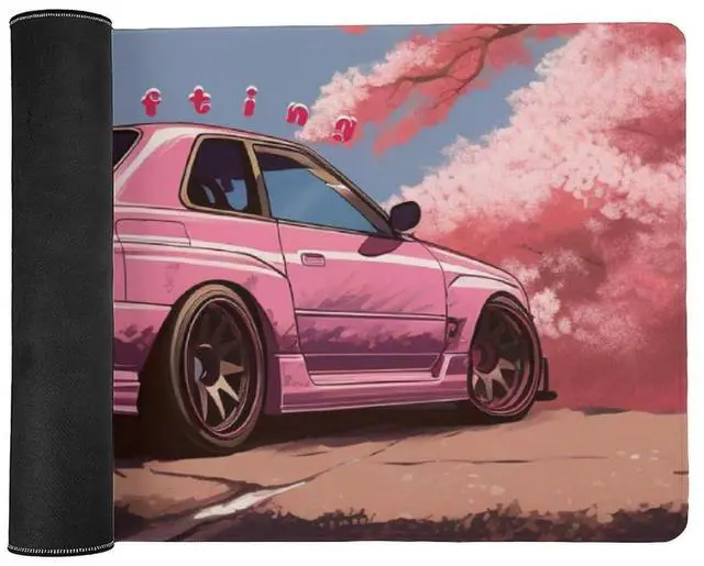 Alt view image 3 of 5 - QEOPGNE Anime Car Mousepad Extended Japanese Cherry Blossom JDM Large Mouse Pad Pink R34 Desk Mat for Keyboard and Computer Pad Non-Slip for Gaming Home Office Supplies for Desk 35.4 x 15.7 Inch