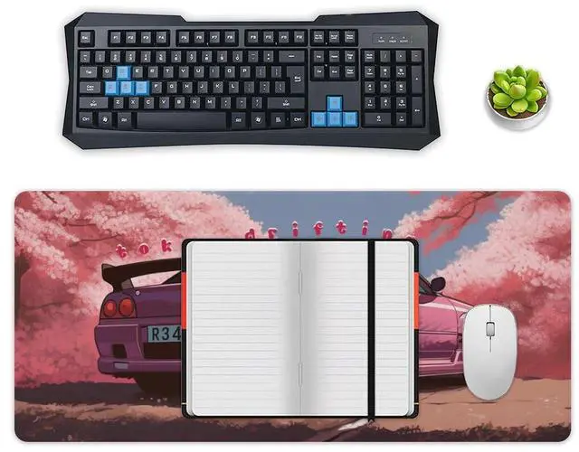 Alt view image 4 of 5 - QEOPGNE Anime Car Mousepad Extended Japanese Cherry Blossom JDM Large Mouse Pad Pink R34 Desk Mat for Keyboard and Computer Pad Non-Slip for Gaming Home Office Supplies for Desk 35.4 x 15.7 Inch