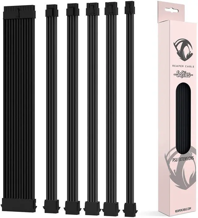 Main image of Reaper Cable Softies - Soft & Supple Sleeved PSU Extension Set - Power Supply Extensions - 1x 24 Pin / 2X 4+4 Pin / 2X 6+2 Pin / 1x 6-Pin - 30cm (Black)