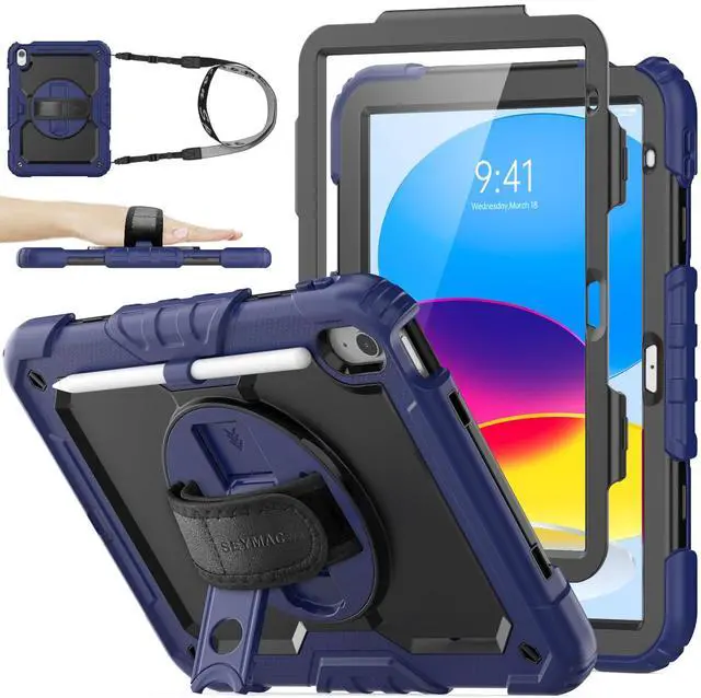 Main image of SEYMAC stock Case for iPad (A16) 11th/10th Generation 11''/10.9'' 2025/2022, Full-Body Drop Protection Case with Screen Protector &360° Rotate Hand Strap/Stand, Navy Blue