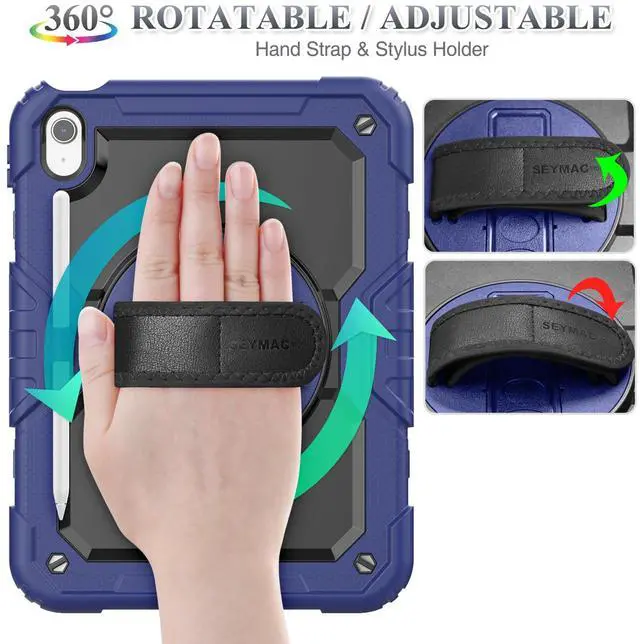 Alt view image 2 of 5 - SEYMAC stock Case for iPad (A16) 11th/10th Generation 11''/10.9'' 2025/2022, Full-Body Drop Protection Case with Screen Protector &360° Rotate Hand Strap/Stand, Navy Blue