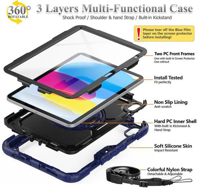 Alt view image 5 of 5 - SEYMAC stock Case for iPad (A16) 11th/10th Generation 11''/10.9'' 2025/2022, Full-Body Drop Protection Case with Screen Protector &360° Rotate Hand Strap/Stand, Navy Blue