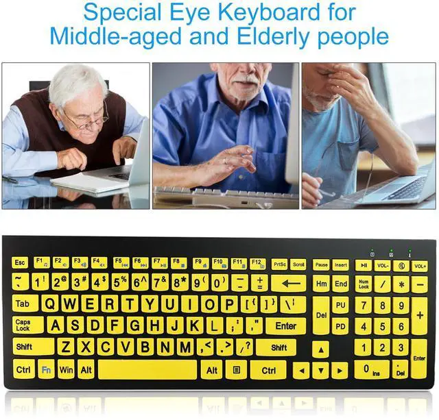 Alt view image 2 of 5 - HXMJ-Large Print Computer Keyboard | Quiet Scissor Switch | Full Size | Wired USB High Contrast Keyboard with Oversized Letters for Seniors and Visually Impaired Low Vision Individuals-Yellow