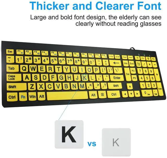 Alt view image 4 of 5 - HXMJ-Large Print Computer Keyboard | Quiet Scissor Switch | Full Size | Wired USB High Contrast Keyboard with Oversized Letters for Seniors and Visually Impaired Low Vision Individuals-Yellow