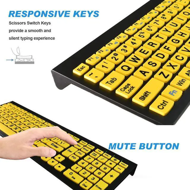 Alt view image 3 of 5 - HXMJ-Large Print Computer Keyboard | Quiet Scissor Switch | Full Size | Wired USB High Contrast Keyboard with Oversized Letters for Seniors and Visually Impaired Low Vision Individuals-Yellow