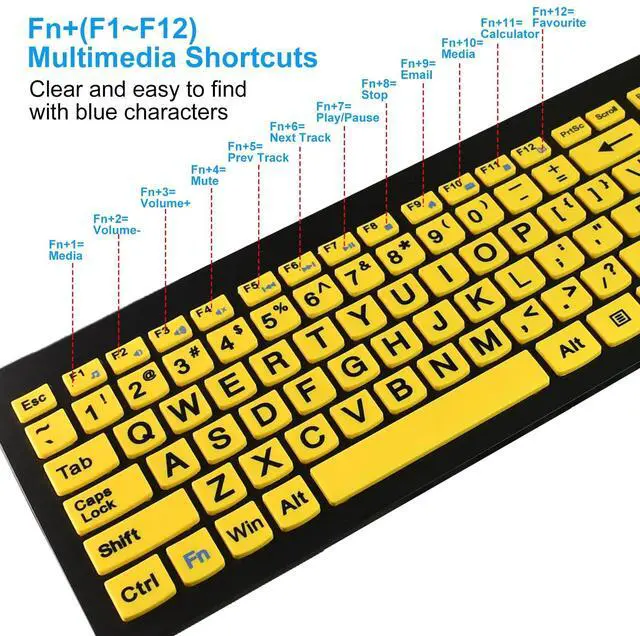 Alt view image 5 of 5 - HXMJ-Large Print Computer Keyboard | Quiet Scissor Switch | Full Size | Wired USB High Contrast Keyboard with Oversized Letters for Seniors and Visually Impaired Low Vision Individuals-Yellow