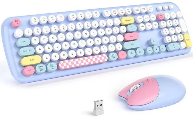 Main image of Retro Wireless Keyboard and Mouse Combo, SQMD 2.4G Typewriter Keyboard with Round Colorful Keycaps, Full-Size Office Keyboard and Quiet Mouse for Windows PC, Home, Office, and College - Light Blue
