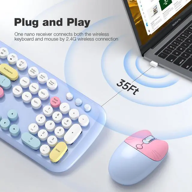Alt view image 2 of 5 - Retro Wireless Keyboard and Mouse Combo, SQMD 2.4G Typewriter Keyboard with Round Colorful Keycaps, Full-Size Office Keyboard and Quiet Mouse for Windows PC, Home, Office, and College - Light Blue