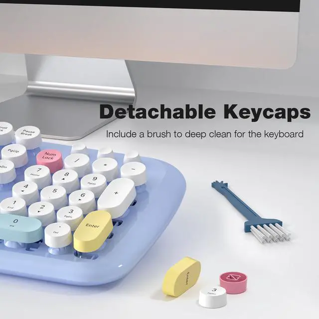Alt view image 3 of 5 - Retro Wireless Keyboard and Mouse Combo, SQMD 2.4G Typewriter Keyboard with Round Colorful Keycaps, Full-Size Office Keyboard and Quiet Mouse for Windows PC, Home, Office, and College - Light Blue