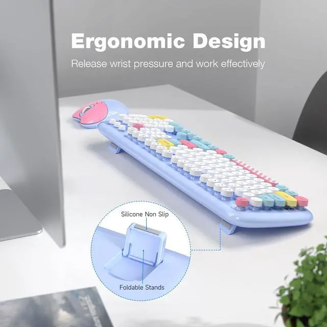 Alt view image 4 of 5 - Retro Wireless Keyboard and Mouse Combo, SQMD 2.4G Typewriter Keyboard with Round Colorful Keycaps, Full-Size Office Keyboard and Quiet Mouse for Windows PC, Home, Office, and College - Light Blue