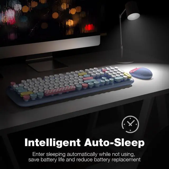 Alt view image 5 of 5 - Retro Wireless Keyboard and Mouse Combo, SQMD 2.4G Typewriter Keyboard with Round Colorful Keycaps, Full-Size Office Keyboard and Quiet Mouse for Windows PC, Home, Office, and College - Light Blue
