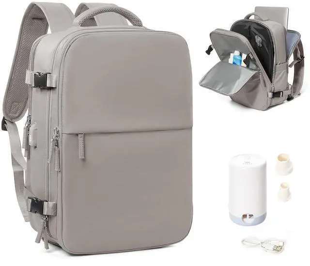 Main image of suradar Vacuum Seal Compression Travel Backpack for Women Men Airback Vacpack Travel Vacuum Bags with Pump Laptop Backpack with Shoe Compartment Carry On Suitcase Luggage Flight Approved Grey Brown