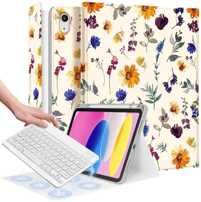 Main image of Wazzasoft for iPad 10th Generation Case with Keyboard - for iPad A16 Cases Pencil Holder 10.9 Inch Cover Women Girl Cute Girly Floral Plants Unique Design Funda for Apple Tablet 10th/11th gen