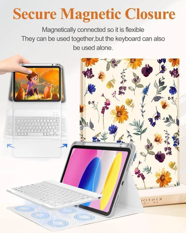 Alt view image 4 of 5 - Wazzasoft for iPad 10th Generation Case with Keyboard - for iPad A16 Cases Pencil Holder 10.9 Inch Cover Women Girl Cute Girly Floral Plants Unique Design Funda for Apple Tablet 10th/11th gen
