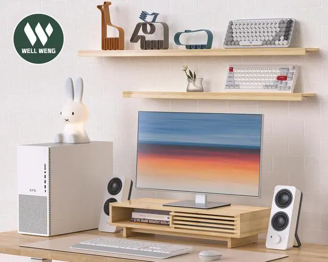 Alt view image 2 of 5 - WELL WENG Monitor Stand Riser with Sliding Door, Computer Laptop Stand Desk Shelf Organizer with Storage (Natural Bamboo, 25 Inch)