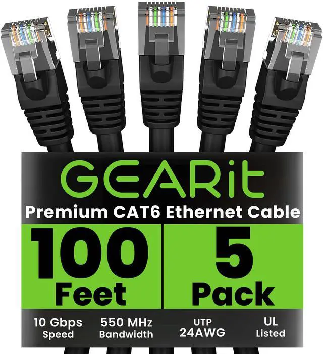 Main image of GEARit Cat 6 Ethernet Cable (5-Pack 100 Feet) Cat6 Network Patch, 10Gbps, RJ45, Snagless Cord, Gold-Plated Connectors, Internet for PC, TV, Tablet, Router, Printer, Servers, IT Data Center - Black