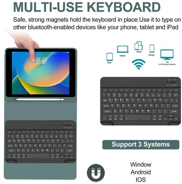 Alt view image 2 of 5 - BORIYUAN Keyboard Case for iPad 9th/8th/7th Generation, Detachable Wireless Bluetooth Keyboard Slim Folio Smart Cover for iPad 10.2"/iPad Air 10.5"(3rd Gen)/iPad Pro 10.5" with Pencil Holder - Green
