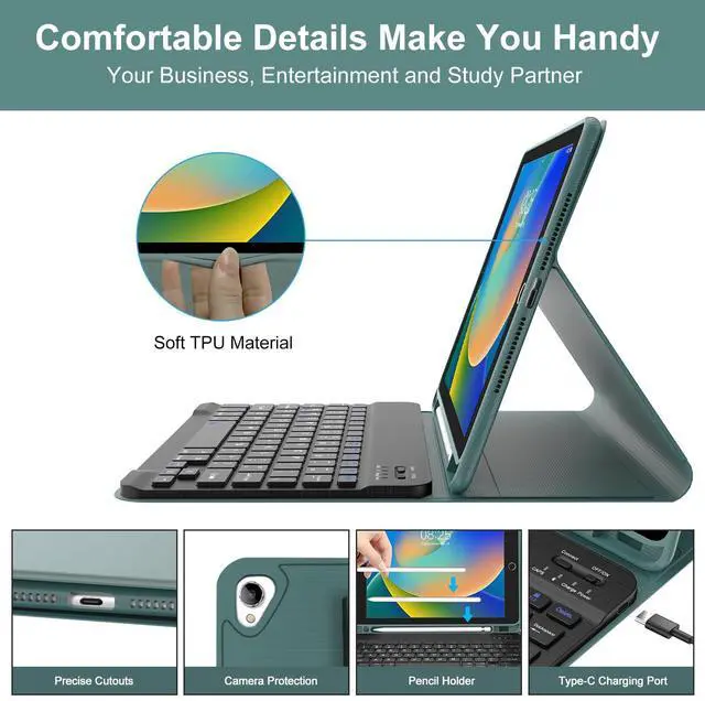 Alt view image 5 of 5 - BORIYUAN Keyboard Case for iPad 9th/8th/7th Generation, Detachable Wireless Bluetooth Keyboard Slim Folio Smart Cover for iPad 10.2"/iPad Air 10.5"(3rd Gen)/iPad Pro 10.5" with Pencil Holder - Green