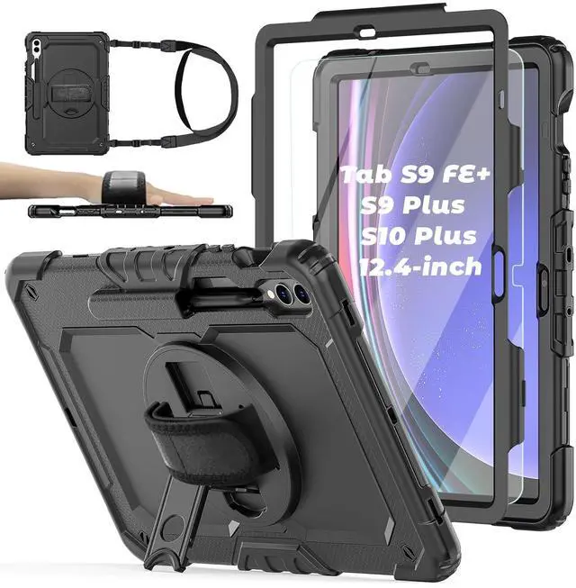 Main image of BASE MALL Case for Samsung Galaxy Tab S10 Plus/ S9 FE Plus/ S9 Plus 5G Tablet Case 12.4 inch [with Tempered Glass Screen Protector], Rotatable Kickstand, S Pen Holder, Hand/Shoulder Strap (Black)