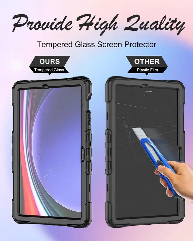 Alt view image 2 of 5 - BASE MALL Case for Samsung Galaxy Tab S10 Plus/ S9 FE Plus/ S9 Plus 5G Tablet Case 12.4 inch [with Tempered Glass Screen Protector], Rotatable Kickstand, S Pen Holder, Hand/Shoulder Strap (Black)