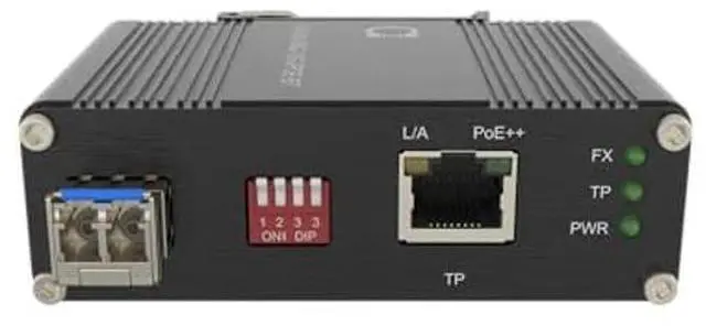 Alt view image 2 of 5 - Single Mode 10GbE PoE++ Fiber Media Converter with SM LC SFP+ Module 1310nm, 20km (12.42mi) Range, 90W PoE, 802.3af/at/bt Compliant, DIN-Rail/Wall Mount, Wide Temp, Industrial-Grade 10Gb Ethernet