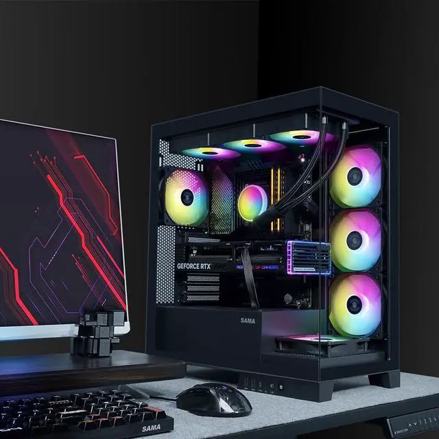 Alt view image 2 of 5 - SAMA V50BK Mid Tower ATX PC Case, Dual Tempered Glass Panels, 4x120mm ARGB PWM Fans, High Airflow Chassis with 360mm Radiator Support, USB-C Port, Easy Cable Management - Black