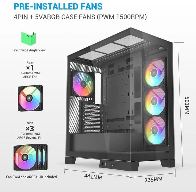 Alt view image 3 of 5 - SAMA V50BK Mid Tower ATX PC Case, Dual Tempered Glass Panels, 4x120mm ARGB PWM Fans, High Airflow Chassis with 360mm Radiator Support, USB-C Port, Easy Cable Management - Black