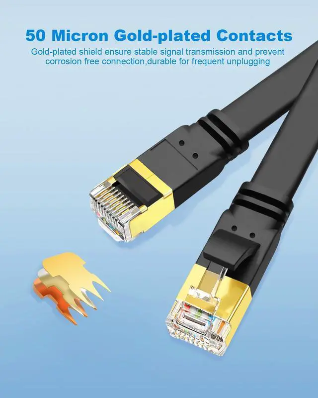 Alt view image 3 of 5 - Yauhody CAT 8 Ethernet Cable, CAT8 High Speed 40Gbps 2000MHz 26AWG Flat SFTP Network Cable with Gold Plated RJ45 Connector, Internet LAN Patch Cord for Gaming, Router, Modem (10ft/10 Pack/Black)