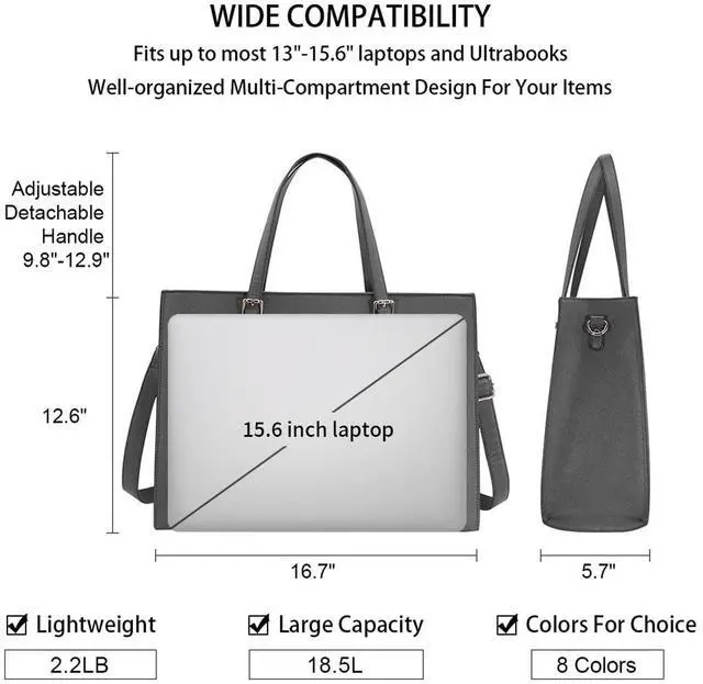 Alt view image 3 of 5 - Laptop Bag for Women Waterproof Lightweight Leather 15.6 Inch Computer Tote Bag Business Office Briefcase Large Capacity Handbag Shoulder Bag Professional Office Work Bag 15.6 Inch Grey