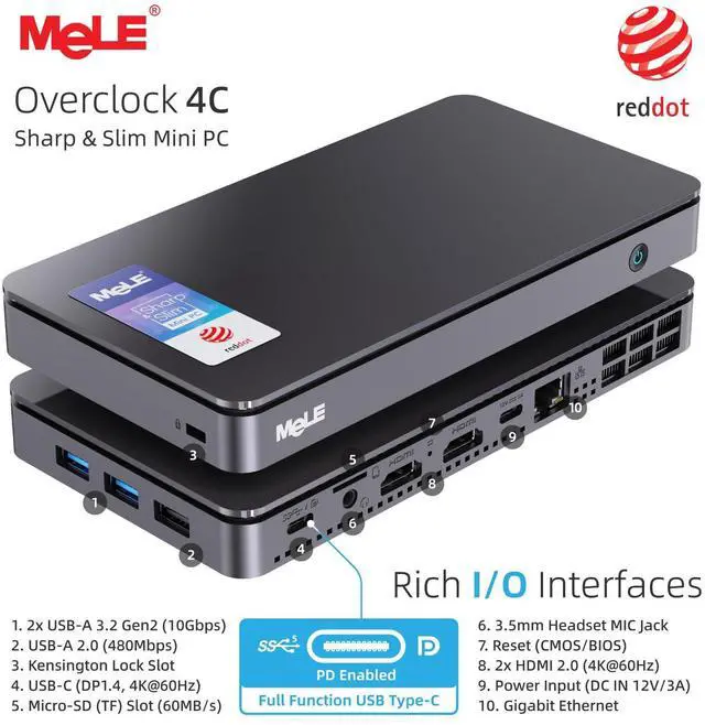 Alt view image 2 of 5 - MeLE Reddot Winner Slim Mini PC Overclock4C N100(up to 3.4GHz) 8GB RAM, 256GB Storage, Mini Desktop Computer, Triple Screen Display, Full Function USB-C on Office Education