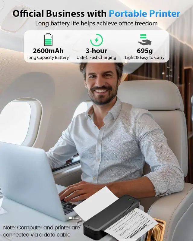 Alt view image 2 of 5 - Memoking Portable Printers Wireless for Travel, 304DPI Bluetooth Thermal Printer Supports 8.5" x 11" US Letter & A4, Inkless Compatible with iOS, Android & Tablets for Office, Home, School