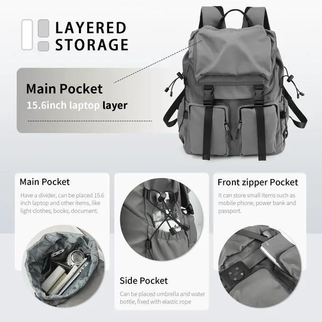 Alt view image 2 of 5 - BJIAX Vintage Laptop Backpack for Men & Women, 30L Functional Stylish Backpack with Stretchy Side Pocket Design, Water Resistant College Work Commuter Travel Backpack Fits 15.6 Inch Tablet, Notebook