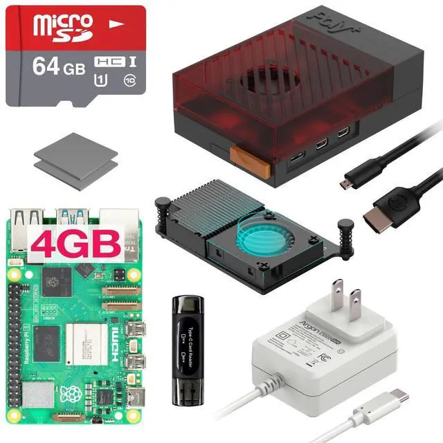 Main image of Argon Poly+5 Raspberry Pi 5 Starter Kit | 4GB Board, Case, 27W PWR GAN PSU, Active Cooler, 64GB SD Card, 2 Micro HDMI Cable (BRED, 4GB)