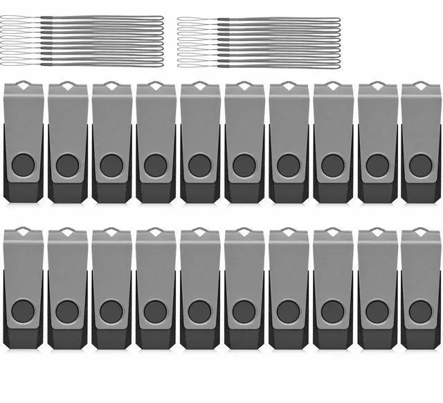 Main image of AGECASH 2GB Flash Drives 20 Pack USB 2.0 Flash Drives 2GB Thumb Drive 20 Packs Swivel Pendrive Zip Drive USB Memory Stick with 20PCS Lanyard Jump Drive Multipack Gray
