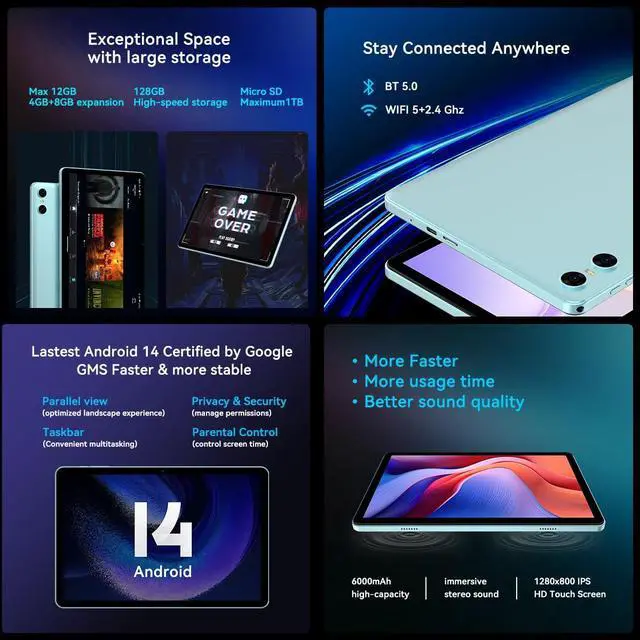 Alt view image 4 of 5 - SVITOO Android 14 Tablets, 10 Inch Tablet, P10 Tablet 12GB RAM+128GB ROM(TF 1TB), Unisoc A75 8 Core CPU, Widevine L1, 1280x800 IPS HD Touch Screen, 6000mAh, Three Cameras, BT 5.0, WiFi
