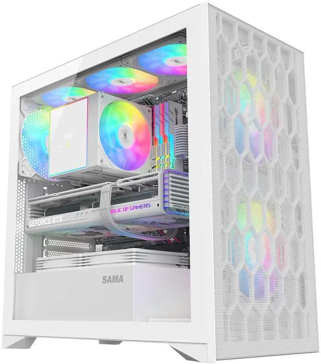 Main image of SAMA V Mesh Mid Tower PC Case - High Airflow PC Gaming Case Mesh Front Panel & Tempered Glass Side Panel, 3x140mm ARGB PWM Fans Pre-Installed, Supports ATX/M-ATX/ITX - White
