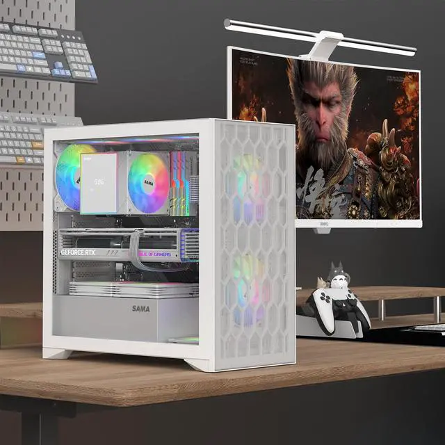 Alt view image 2 of 5 - SAMA V Mesh Mid Tower PC Case - High Airflow PC Gaming Case Mesh Front Panel & Tempered Glass Side Panel, 3x140mm ARGB PWM Fans Pre-Installed, Supports ATX/M-ATX/ITX - White