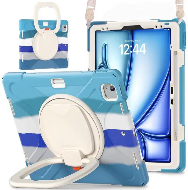 Main image of MEEgoodo Case for iPad Air 13 inch 2025 (M3) /2024 (M2) & iPad Pro 12.9 Case 6th/5th/4th/3rd Generation 2022 2021 2020 2018, Tablet Cover with Pencil Holder/Rotating Stand/Shoulder Strap,Colorful Blue