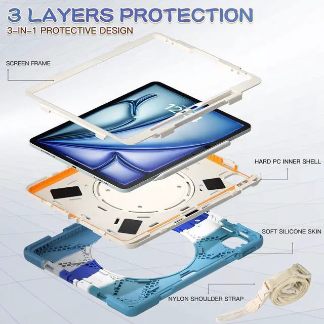 Alt view image 4 of 5 - MEEgoodo Case for iPad Air 13 inch 2025 (M3) /2024 (M2) & iPad Pro 12.9 Case 6th/5th/4th/3rd Generation 2022 2021 2020 2018, Tablet Cover with Pencil Holder/Rotating Stand/Shoulder Strap,Colorful Blue