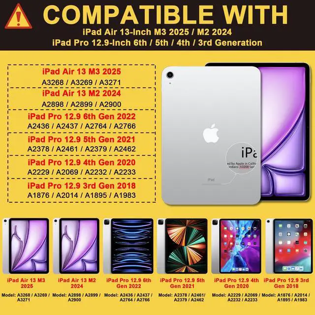 Alt view image 2 of 5 - MEEgoodo Case for iPad Air 13 inch 2025 (M3) /2024 (M2) & iPad Pro 12.9 Case 6th/5th/4th/3rd Generation 2022 2021 2020 2018, Tablet Cover with Pencil Holder/Rotating Stand/Shoulder Strap,Colorful Blue