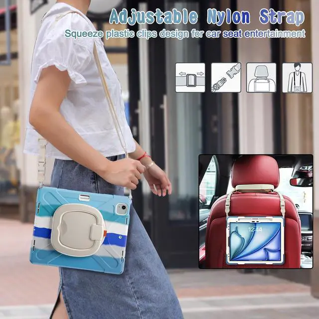 Alt view image 5 of 5 - MEEgoodo Case for iPad Air 13 inch 2025 (M3) /2024 (M2) & iPad Pro 12.9 Case 6th/5th/4th/3rd Generation 2022 2021 2020 2018, Tablet Cover with Pencil Holder/Rotating Stand/Shoulder Strap,Colorful Blue