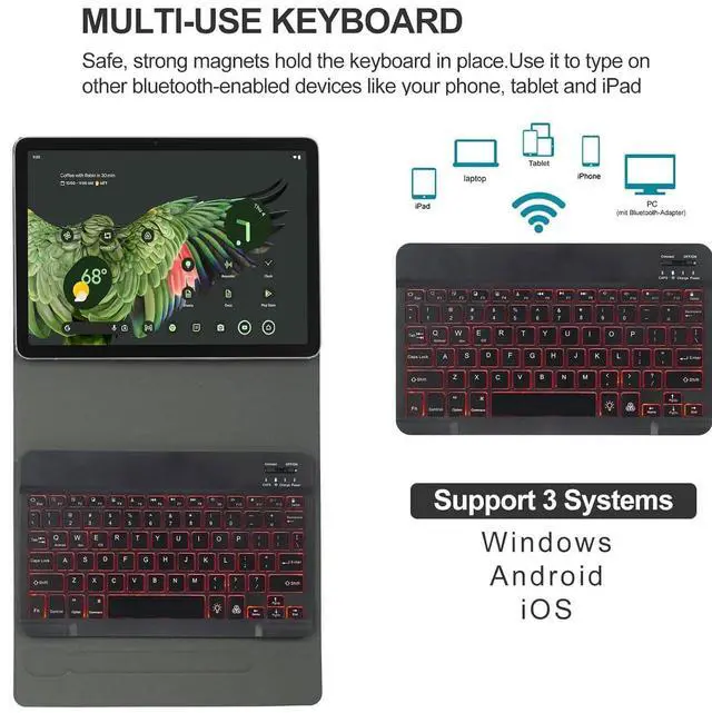 Alt view image 5 of 5 - HEKUEUN Case with Keyboard for Google Pixel Tablet 11 inch 2023, Mouse and 7 Color Backlight Detachable Bluetooth Keyboard Cover Ultra-Thin PU Leather Case with Stand Support Charging Speaker Dock