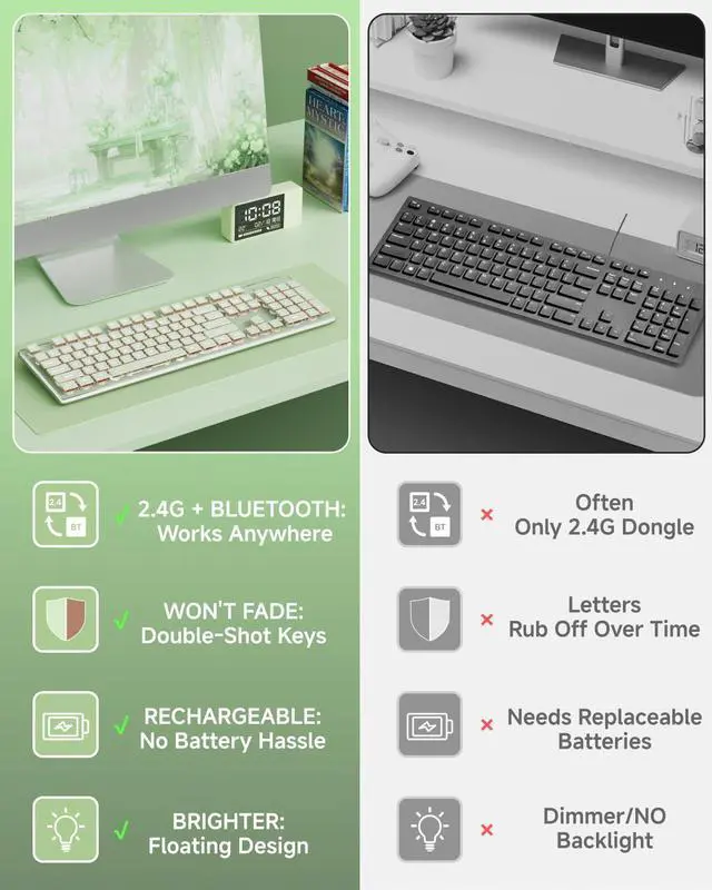 Alt view image 2 of 5 - EWEADN V3 Wireless Keyboard and Mouse with Single Backlit, Metal Panel, Bluetooth/2.4G Rechargeable Silent Keyboard and Mouse Combo Light up Full Size Cute Keyboards-Green