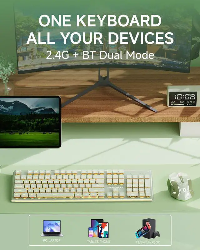 Alt view image 3 of 5 - EWEADN V3 Wireless Keyboard and Mouse with Single Backlit, Metal Panel, Bluetooth/2.4G Rechargeable Silent Keyboard and Mouse Combo Light up Full Size Cute Keyboards-Green
