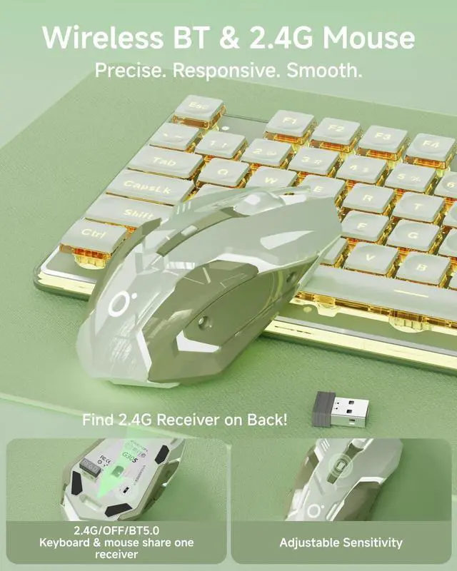 Alt view image 5 of 5 - EWEADN V3 Wireless Keyboard and Mouse with Single Backlit, Metal Panel, Bluetooth/2.4G Rechargeable Silent Keyboard and Mouse Combo Light up Full Size Cute Keyboards-Green