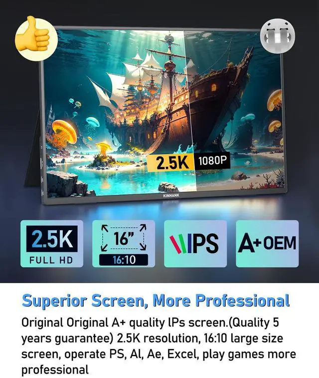 Alt view image 4 of 5 - PAGEPINMU 16" Smart Portable Monitor with Google TV OS, 2.5K QHD (2560x1600) 144Hz Display, 500 Nits Brightness, 100% sRGB, Wi-Fi/Bluetooth, USB-C/HDMI External Screen for Laptop/PC/Gaming Console