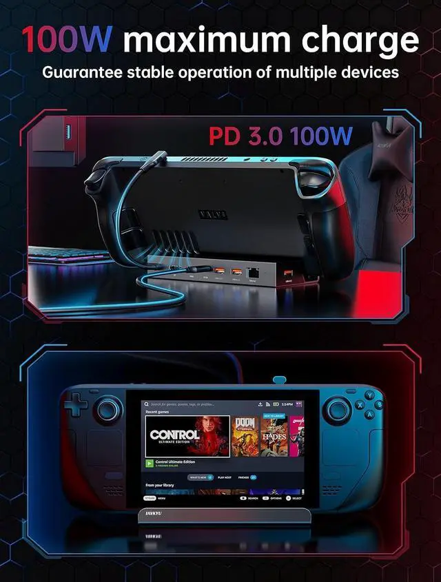 Alt view image 5 of 5 - 7-in-1 Steam Deck Dock with Dual 4K@60Hz HDMI DisplayPort - 100W USB C Docking Station for Steam Deck ROG Ally Legion Go - MacBook iPad Android Gaming Hub/Gigabit Ethernet 3xUSB 3.0 Ports