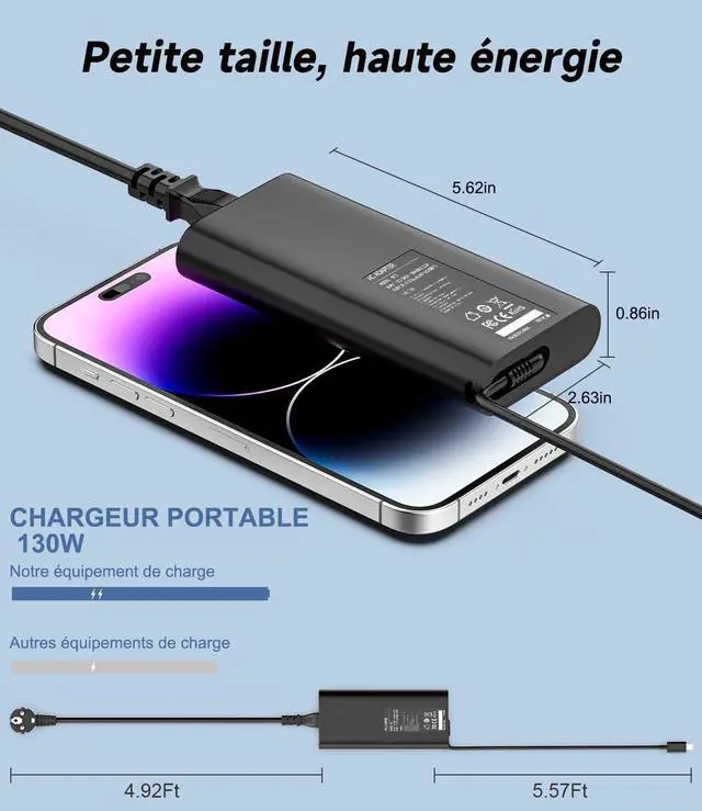 Alt view image 3 of 5 - 130W USB C Laptops Charger for Dell, Fast Charging Type C Dell XPS 15 9500 17 9700 Precision 5550 5750 3560 3550 3551 Latitude 7210 7310 Adapter with Power Supply Cord