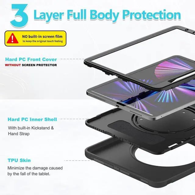 Alt view image 5 of 5 - BATYUE Case for iPad Air 11-inch M3 (2025) / M2 (2024), iPad Air 5th/4th 10.9 inch(2022/2020), iPad Pro 11" 4th/3rd/2nd/1st, Shockproof Cover with 360deg Rotating Stand, Pencil Holder, Black